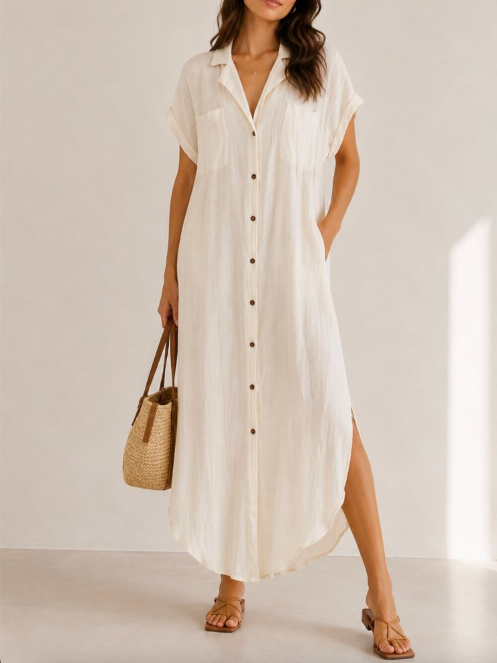 Maeve by Anthropologie Ivory Short Sleeve Button Front Shirtdress Large Petite